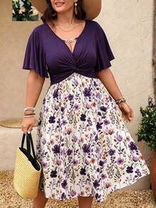 Breezaya Plus Size Women's Spring/Summer Knit Romantic Floral Print Chain Patchwork Ruffle Twist Waist Elegant Modest A-Line V-Neck Midi Dress - Purple - View 3