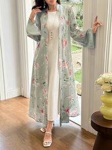 Al Najma 鼠尾草綠花卉印花女款冬季長袍，日常優雅端莊通勤款，適合洗禮賓客正式場合 - 彩色 - 查看 4