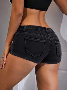 SHEIN PETITE Quần short denim thời trang nữ cạp thấp có túi phong cách casual - màu đen - Xem 2