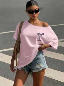 Muchica Camiseta de mujer estilo casual minimalista de vacaciones, rosa, con estampado gráfico de letras retro, hombros descubiertos, hombros caídos, manga corta, ajuste holgado, adecuada para primavera y verano, estilo versátil - Multicolor - Ver 3
