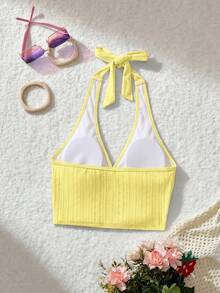 SHEIN MOD Neck Tie Front Ruched Knit Jacquard Pink Swimsuit Top - Yellow - View 2