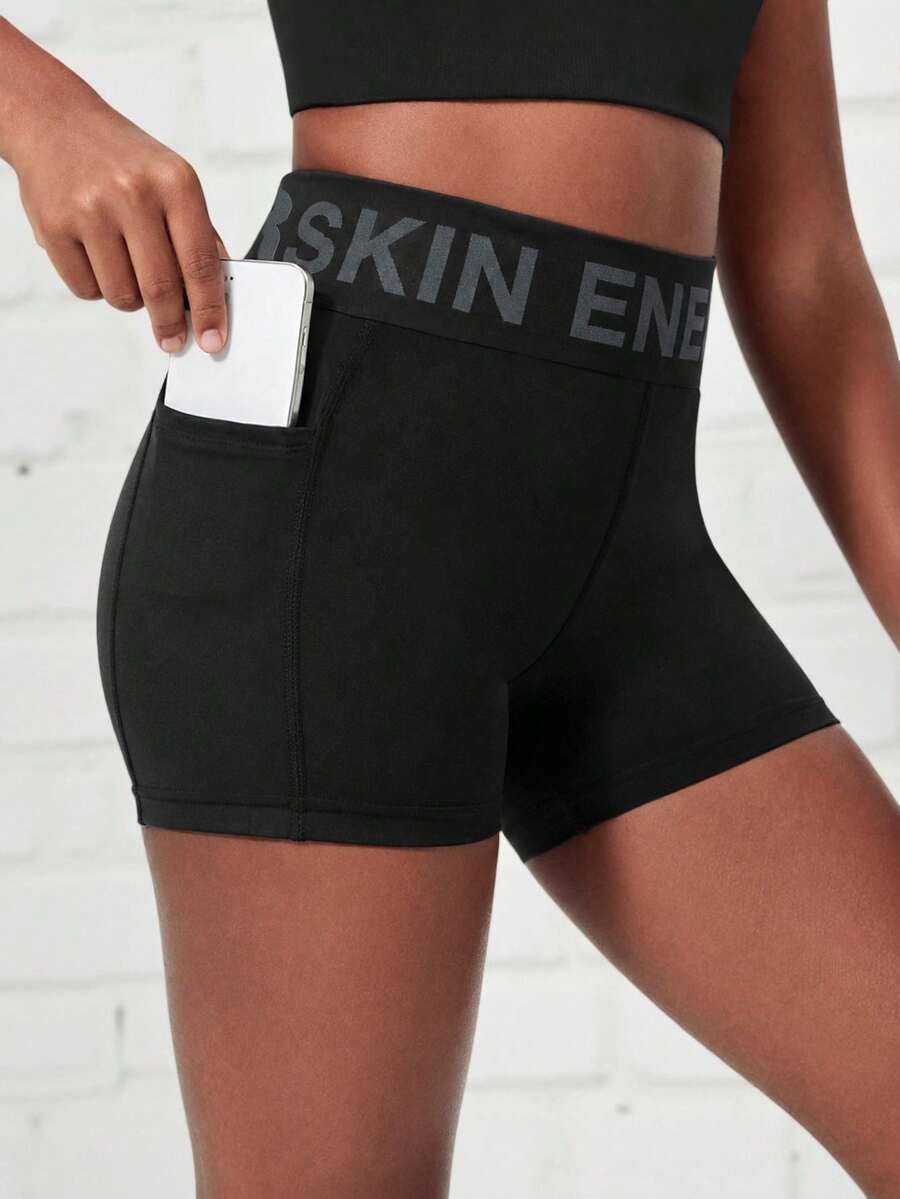 SHEIN 少女黑色運動短褲-側口袋設計,高彈性面料,穿著舒適,四季百搭,適合運動、休閒、連帽衫時尚搭配 - 黑色 - 查看 1