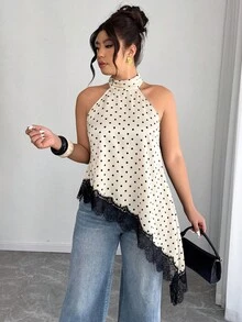 Elenzga 缎面杏色黑色波点露背不对称下摆蕾丝拼接优雅休闲通勤办公时尚派对大码春夏衬衫 - 彩色 - 查看 3