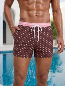 Manfinity Swimmode 男士棕色波點彈性抽繩休閒沙灘泳褲，可愛夏季度假情侶款泳裝，適合度假、泳池與熱帶風情 - 彩色 - 查看 6