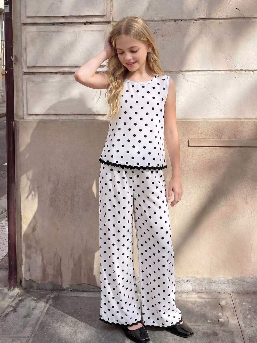 SHEIN 2Pcs Older Girls Charming Girls Black And White Polka Dot Print 2Pcs Co Ord Set Classic Retro - Black and White - View 1