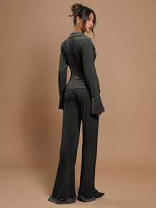 COSMINA 2 Pieces Set: Women Solid Color Long Sleeve Top & Long Pants - Black - View 2