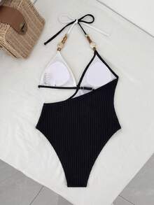 Swim SXY 性感亮面布料撞色珠飾飾邊三角比基尼式一件式泳衣 - 黑與白 - 查看 5