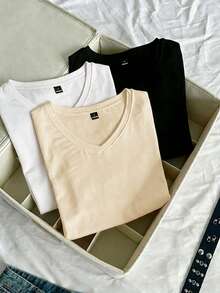SHEIN EZwear 3件組女款夏季V領修身T恤，龐克次文化動漫風素色基本款短袖修身T恤 - 彩色 - 查看 7