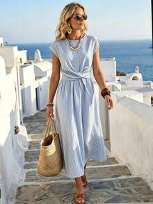 SHEIN Holidaya Women's Striped Round Neck Waist Twist Design Casual Dress - Blue - View 1