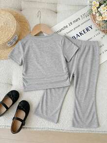 SHEIN Babygirl Casual Cute Knit Grey Bow Short Sleeve T-Shirt Elastic Waist Long Pants Set - Grey - View 4