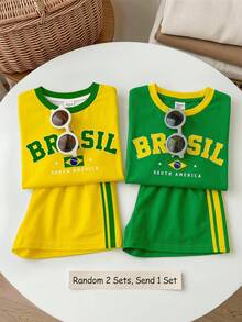 鮮豔陽光黃、金色星芒、黃金海岸、復古時尚綠色字母 BRAZIL，年輕女孩休閒簡約短袖短褲兩件套，適合夏季、世界盃、運動、校園 - 彩色 - 查看 3