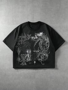 ROMWE MEN Goth Men's Loose Fit Dropped Shoulder Cropped Graphic T-Shirt - Black - View 8