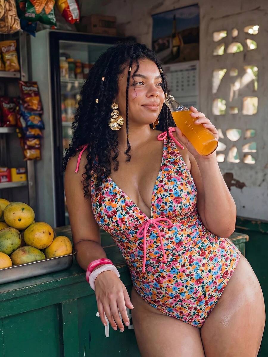 SHEIN Swim 2026新款復古花卉度假風夏季大尺碼連身泳衣 - 彩色 - 查看 1