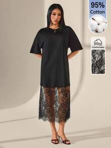 SHEIN PETITE 女款素色圓領短袖寬鬆休閒T恤蕾絲洋裝，時尚外出通勤穿搭，95%純棉舒適休閒 - 黑色 - 查看 6