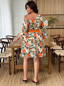 Weeklong Vestido corto bohemio de vacaciones con estampado floral naranja, hombro asimétrico, manga corta con volantes, talla grande - Multicolor - Ver 2