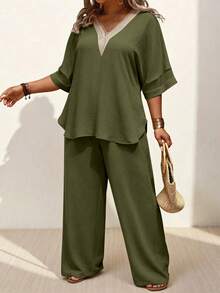 EMERY ROSE Summer Women's Olive Green Solid Guipure Lace Mesh Sleeve Top And Pants Two Piece Set,Boho Vacation Linen Outfit, Al-Adha Casual Coords - Green - View 1