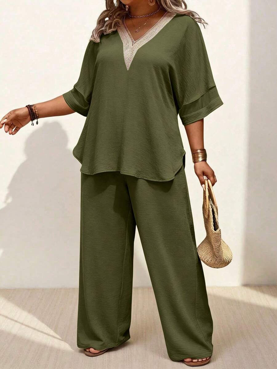 EMERY ROSE Summer Women's Olive Green Solid Guipure Lace Mesh Sleeve Top And Pants Two Piece Set,Boho Vacation Linen Outfit, Al-Adha Casual Coords - Green - View 1