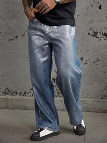 DAZY Long Flared Distressed Design Straight Leg Jeans For Men, Streetwear Style - Blue - View 6