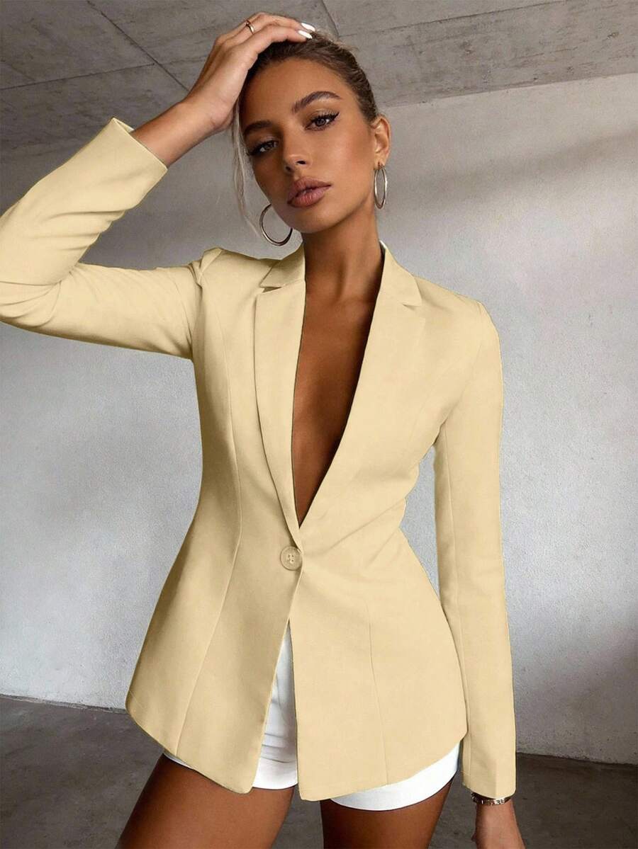 SHEIN Raffinéa 女士简约通勤纯色单扣修身翻领西装外套,奶油黄两件套,黄色西装外套,女士西装,奶油黄西装外套,女士西装,女士办公西装,女士修身西装,女士定制西装,女士西装,女士西装 - 淡黃色 - 查看 1