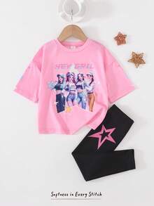SHEIN 女童圓領短袖印花休閒簡約經典時尚運動風T恤 - 彩色 - 查看 4