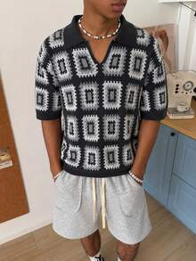 STEELVANCE Men's Geometric Print Casual Versatile Daily Wear Knit Top - Dark Grey - View 3