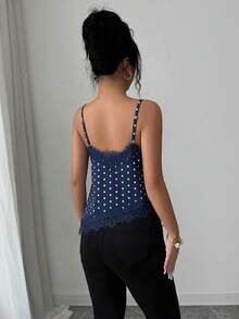 Rafferiza Women's Elegant Polka Dot Brown Lace Patchwork Tank Top - Royal Blue - View 2