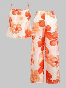 SHEIN Sparklyn 2件組 春夏青少年女孩休閒甜美可愛度假風印花布料抽褶鬆緊設計背心上衣與寬鬆寬腿長褲套裝，適合日常通勤、假期出遊、姐妹街頭風 - 橘色 - 查看 2