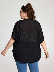 Enliva Jolene.Mendez Plus Size Vacation Solid Color Asymmetric Hem Batwing Sleeve Casual Jacket,Spring/Summer, For Apple Rounded Body Shape - Black - View 2
