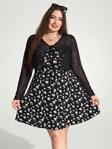 Enliva Jennifer_samantha_style Women's Plus Size Summer Floral Print Dress With Sheer Cardigan, 2pcs Set, For Apple Rounded Body Shape - Black - View 4