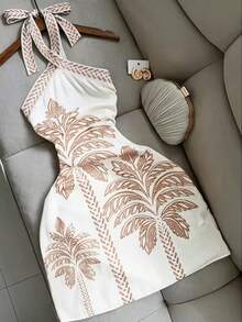 Elenzga Women's Summer Vacation Palm Tree Print Halter Mini Dress - White - View 3