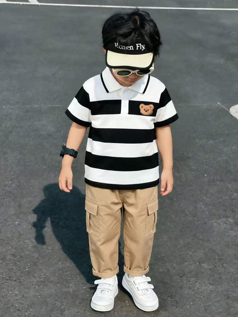 2件組小男孩套裝,兒童針織舒適波羅短袖上衣與長褲套裝,時尚條紋圖案配上熊飾,搭配卡其色休閒工裝長褲,適合日常出遊、上學、運動、購物、旅行、度假,適用於春、夏、秋季 - 彩色 - 查看 1