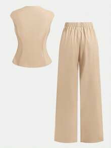 SHEIN Teen Girls T-Shirt Co-Ords Summer Elegant Minimalist Casual Commute Daily Metal Button Sleeve Cinched Waist Dark Top And High Waist Wide Leg Long Pants Apricot Dark Green Olive Green 2 Pieces Set - Khaki - View 3