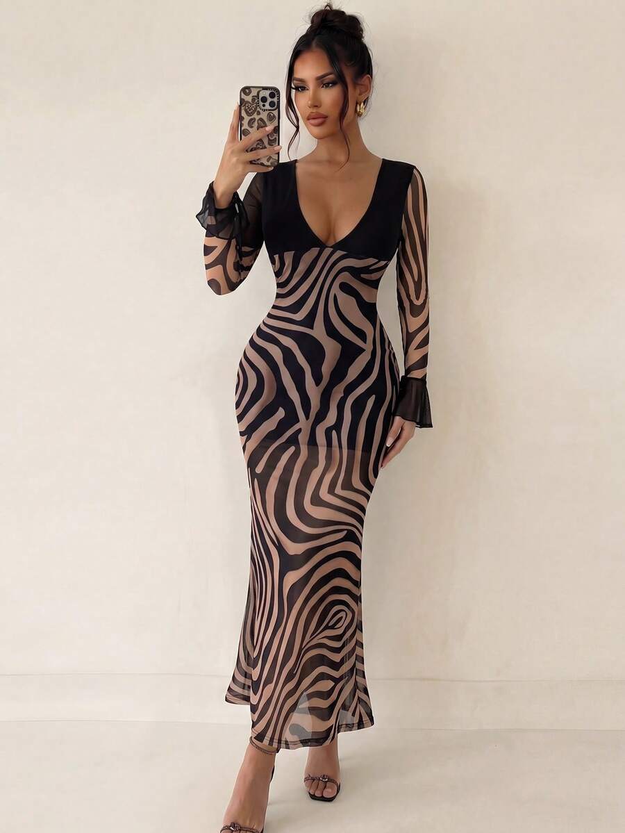 Sirith Tight Zebra Print Fish Tail Long Dress - Multicolor - View 1