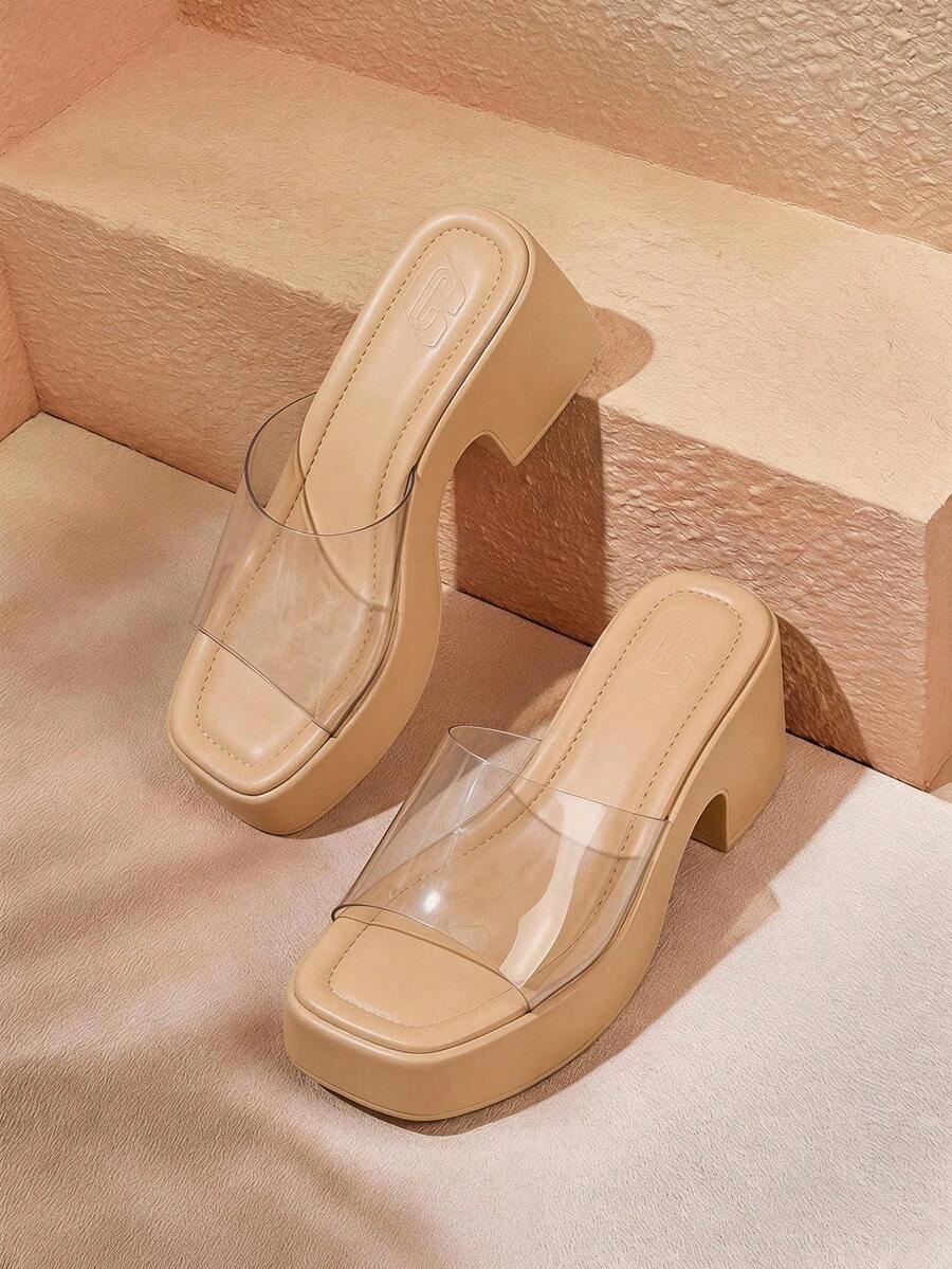 HighSole 時尚薄膜厚底粗跟一腳蹬涼鞋,適合聖誕與夏季 - 杏色 - 查看 1