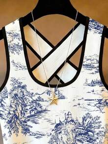 Franclia 女款優雅休閒性感Y2K風格黑白對比拼接織帶裝飾適合休閒度假運動女款百搭交叉背心短版針織螺紋面料夏季對比色背心：女款上衣、女款休閒上衣背心、女款優雅背心、女款性感背心、女款白色背心、針織背心 - 藍色 - 查看 4