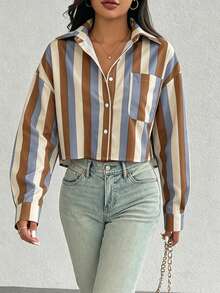 SHEIN Women's Striped Button-Front Long Sleeve Shirt With Pockets - Multicolor - View 5