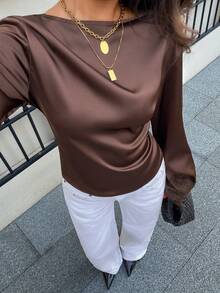 Siren Gaze New Autumn Women's Dark Brown Satin Lace-Panel Long-Sleeve Shirt With Flared Sleeves Sophisticated Style For Work Dinner Date Office Party Elegant - Brown - View 3