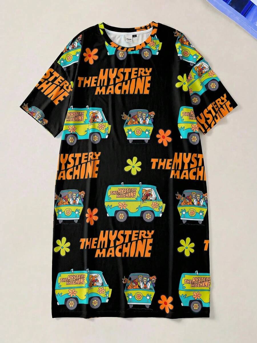 SCOOBY-DOO X SHEIN 女款字母印花短袖睡裙 - 黑色 - 查看 1