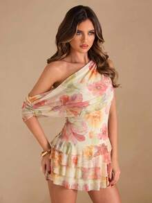 SHEIN BAE Women's Yellow Summer Tropical Holiday Vacation Floral Dress,Asymmetrical Shoulder Ruffle Hem Bodycon Mini Wedding Cocktail Birthday Party Dress - Yellow - View 5