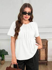 SHEIN LUNE 大尺碼夏季休閒素色短袖襯衫 - 白色 - 查看 3