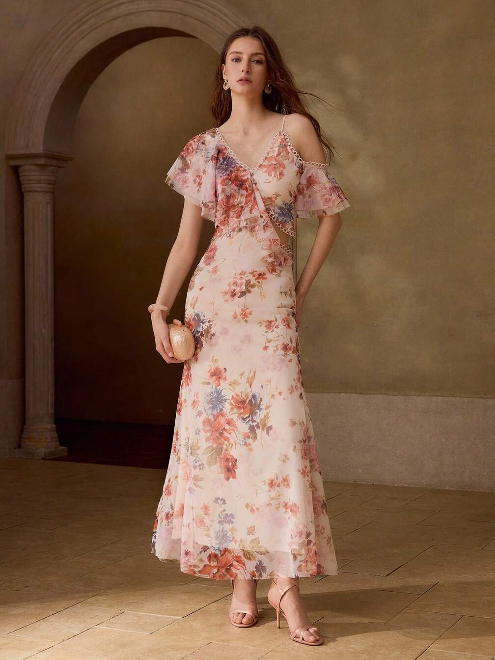 button up mesh dress Spring/Summer Women's Mesh Printed Asymmetric Neckline Waist Button-Up Design Ethereal Romantic Long Dress