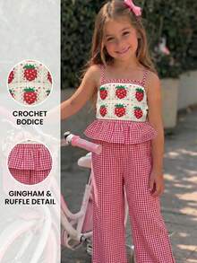 SHEIN Young Girl Camisole Ruffle Strawberry Pattern Top Plaid Long Pants Tank Top Set - Red - View 2