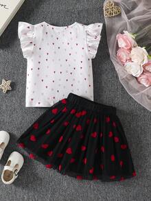 SHEIN Elladie kids 少女 3D 網格蝴蝶結裝飾愛心印花圓領 T 恤與精緻裙子套裝 - 黑色 - 查看 5