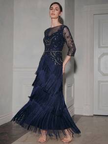 Anewsta Robe élégante abricot pour femmes printemps/été, tenue élégante robe de soirée, robe de mode à franges avec perles et paillettes, robe de soirée, robe longue - Bleu marine - Voir 7