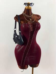 Amplova Y2K Sexy Sleeveless Bandeau Strapless Bodycon Snake Skin High Elasticity Mini Tight Dress For Women Club Night Burgundy Summer - Burgundy - View 6