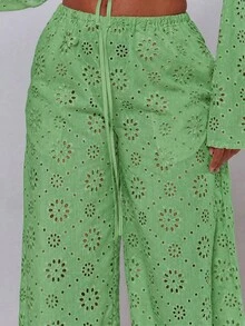 MUSERA Tie Front Broiderie Anglaise Wide Leg Trousers Cover Up Beach Swim Summer Vacation Holiday Festival Cute Boho Casual Elegant Green Birthday Party - Mint Green - View 4