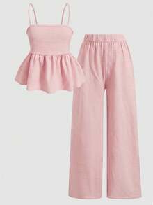 Girlism Conjunto de top camisola con volantes en el bajo y pantalones de color liso para niña preadolescente - Rosa - Ver 1