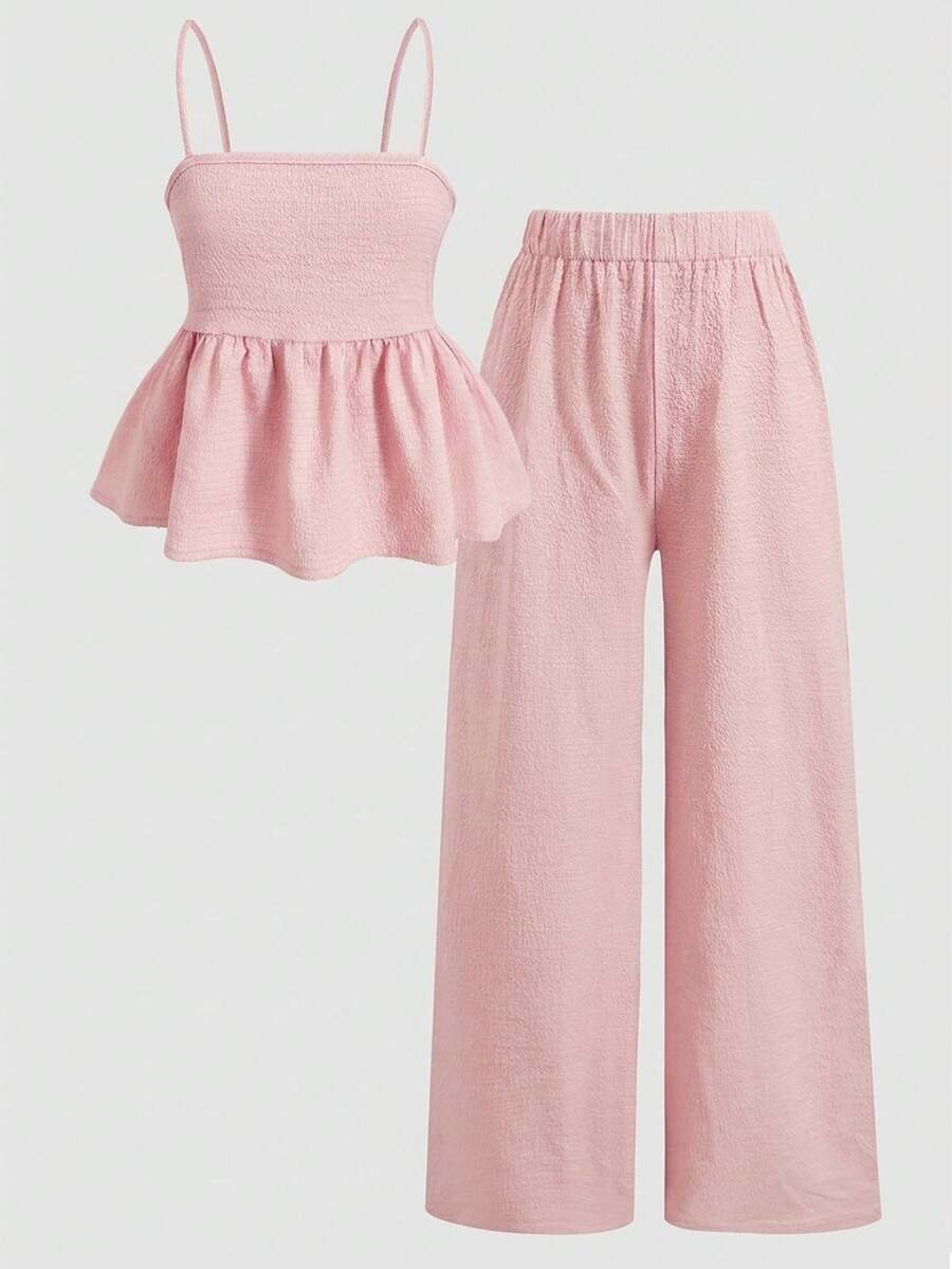Girlism Conjunto de top camisola con volantes en el bajo y pantalones de color liso para niña preadolescente - Rosa - Ver 1