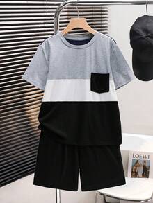 SHEIN 两件套男童休闲撞色圆领短袖T恤短裤套装，卡其色，适合通勤、上学、外出、运动、节日派对、春夏穿着。 - 黑色 - 查看 3