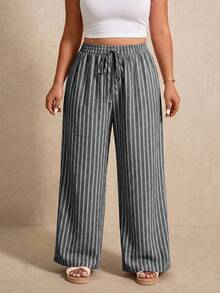 Elaquor Plus Size Women's Drawstring Waist Striped Pattern Loose Versatile Long Pants - Black - View 4